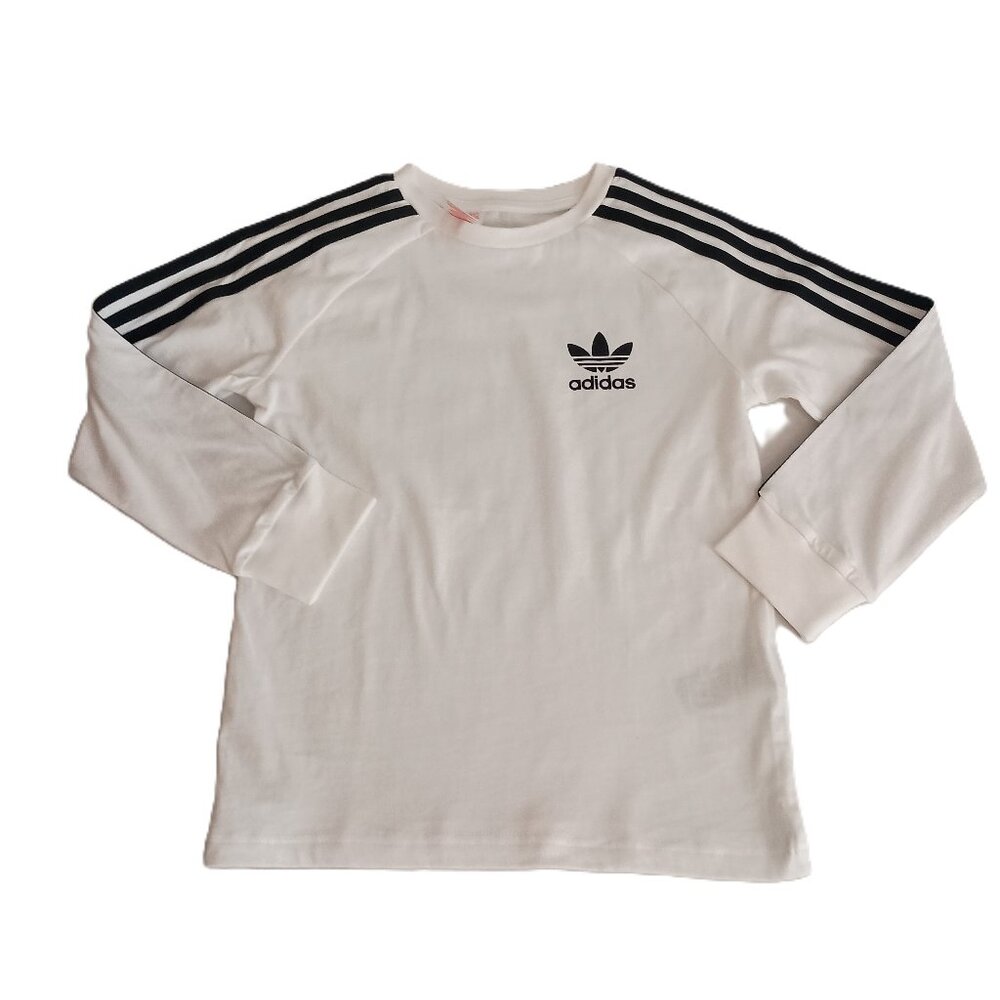 Adidas Boys White Long Sleeve T-Shirt Black Arm Stripes Size XS 7-8 years